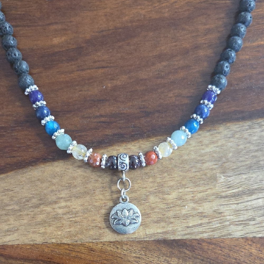 Chakra Beaded Necklace with Silver Lotus Charm